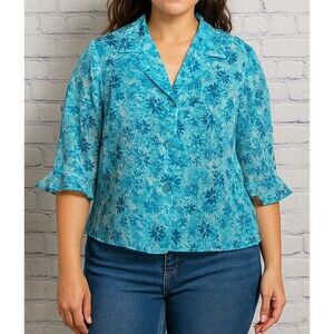 Studio 1 Women’s Blue Floral Button Front Blouse 3/4 Bell Sleeve Size 18W POwned